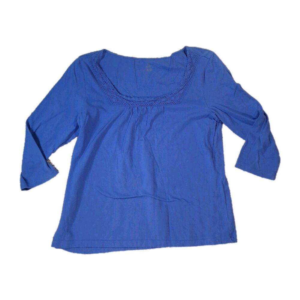 BOBBIE BROOKS BLUE COTTON KNIT CROCHET LACE TRIM 3/4 SLEEVE TOP BLOUSE MEDIUM M